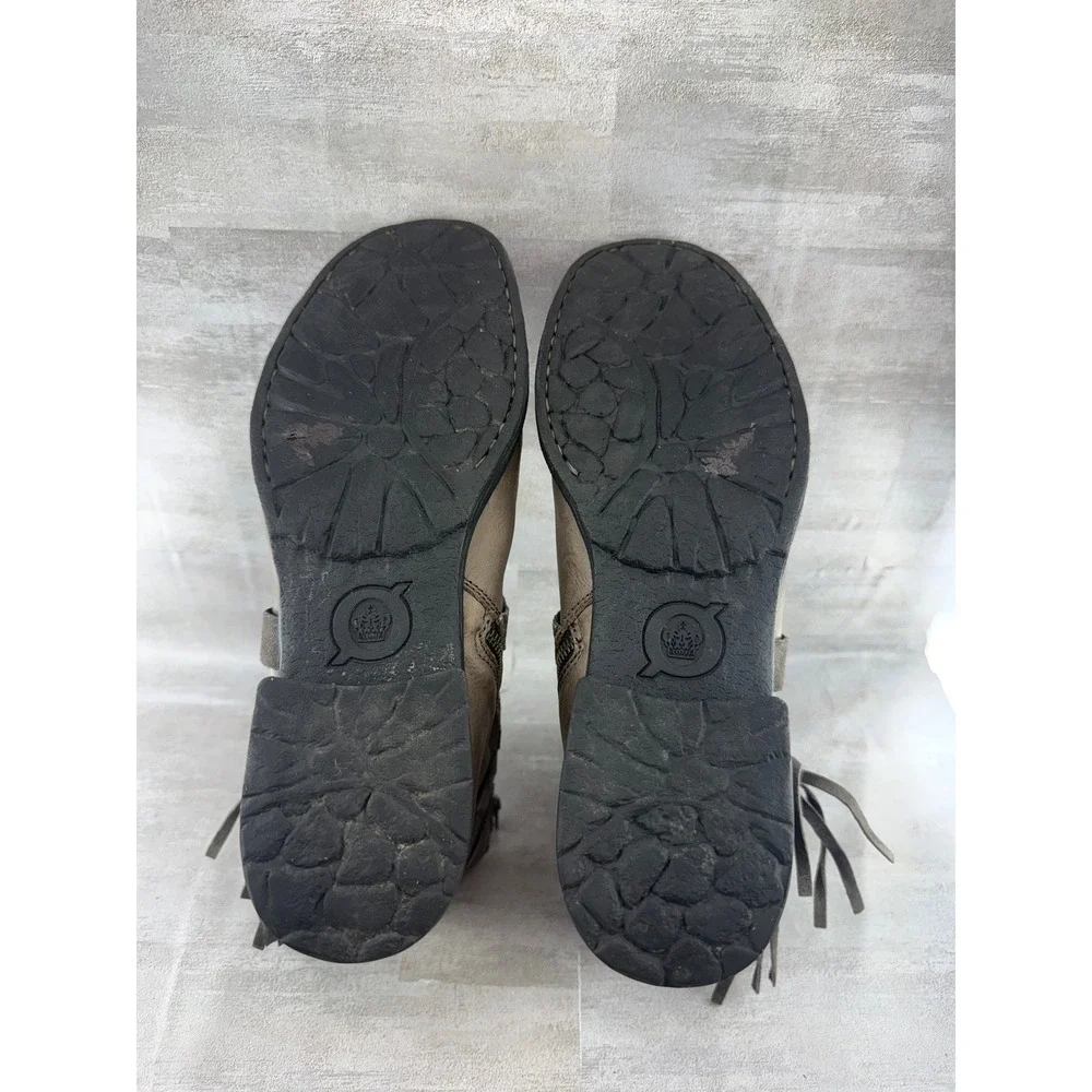 Born Women Taupe Leather Fringe Tassel Ankle Boots F72022 Size 11M